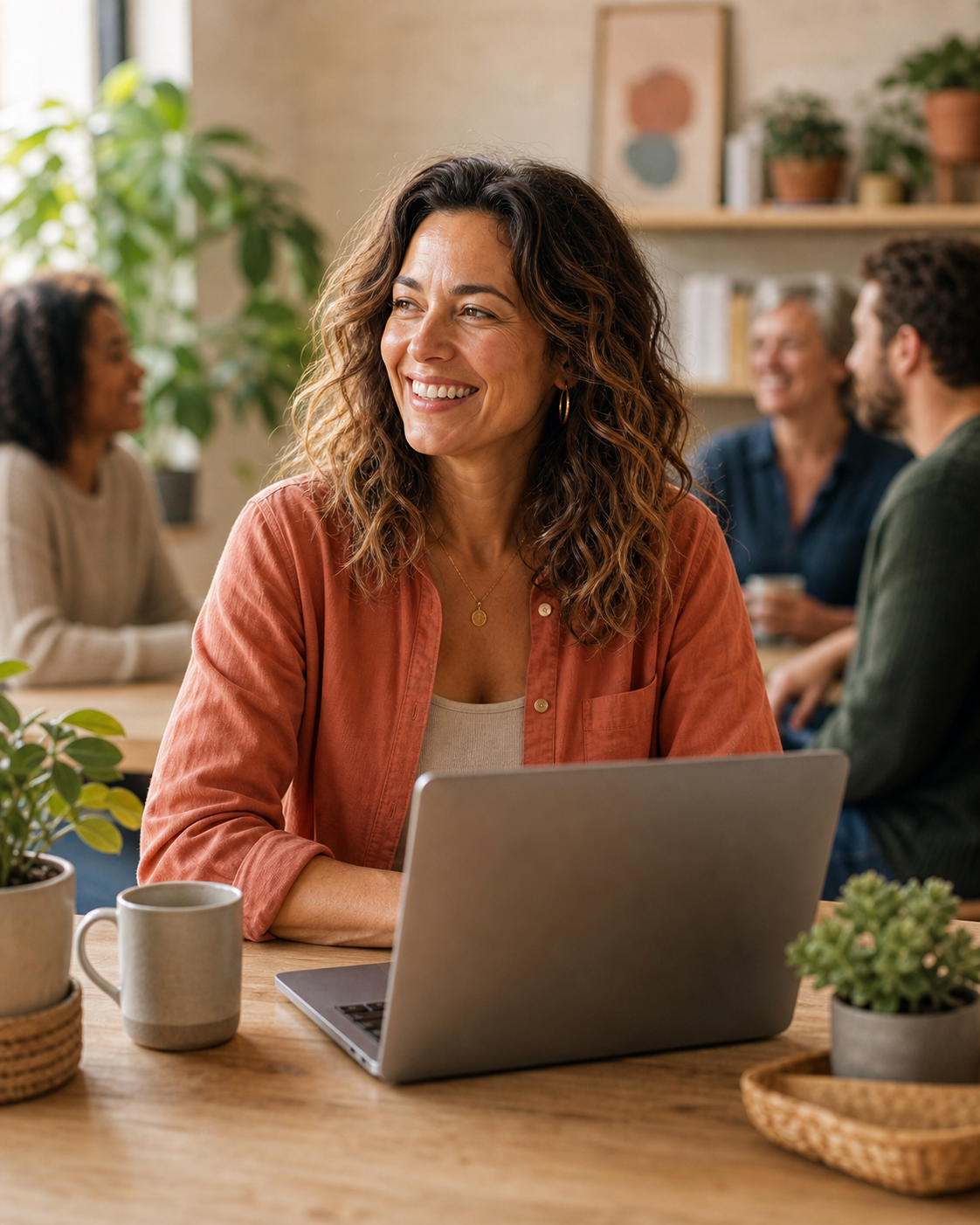 A smiling community founder with a laptop and members gathered nearby