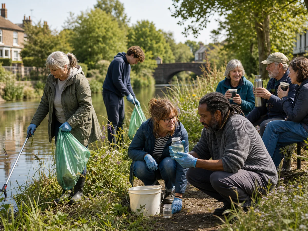 Neighbours collecting litter beside a river path.
