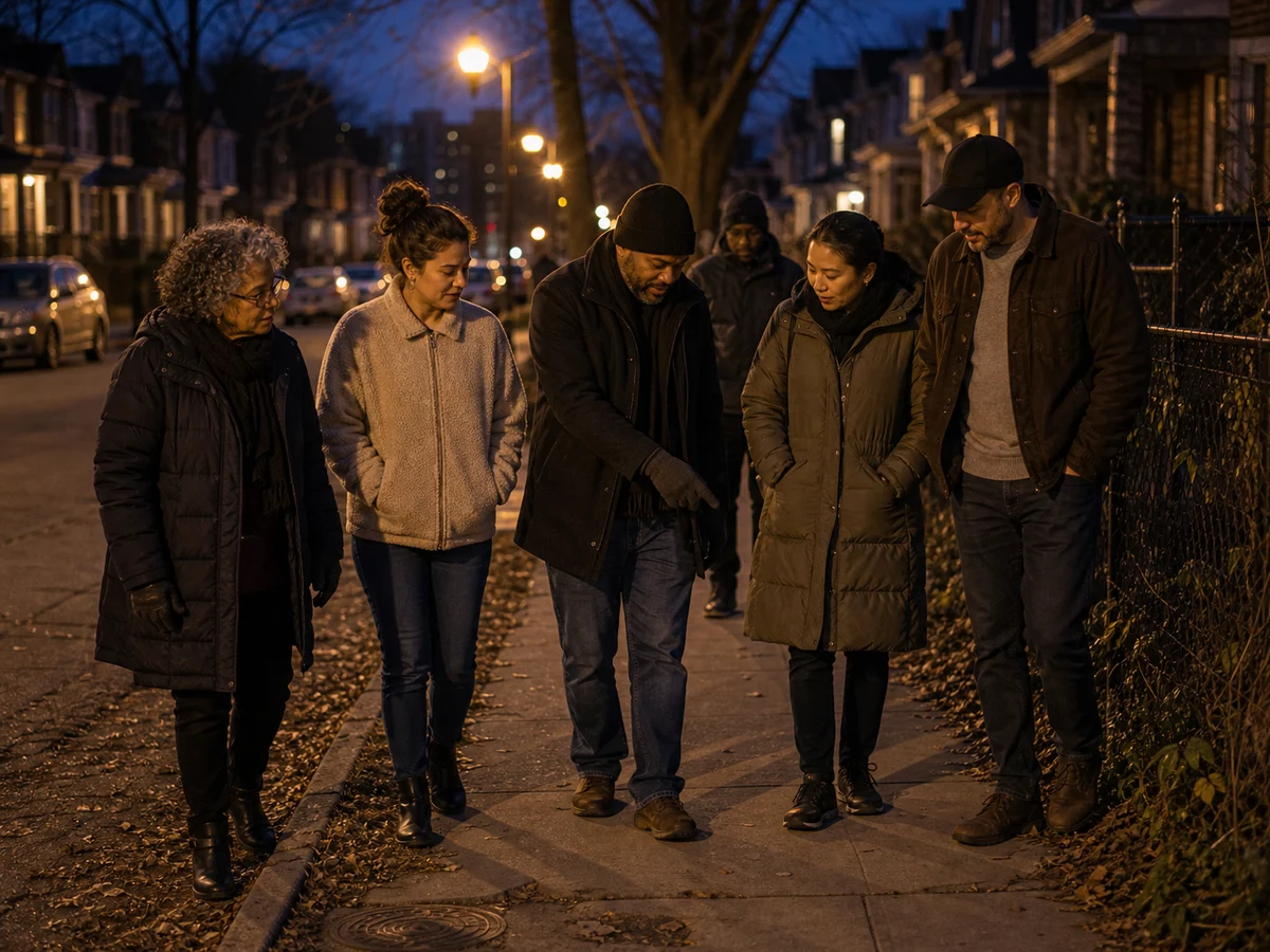 Neighbours checking a well-lit street corner together.