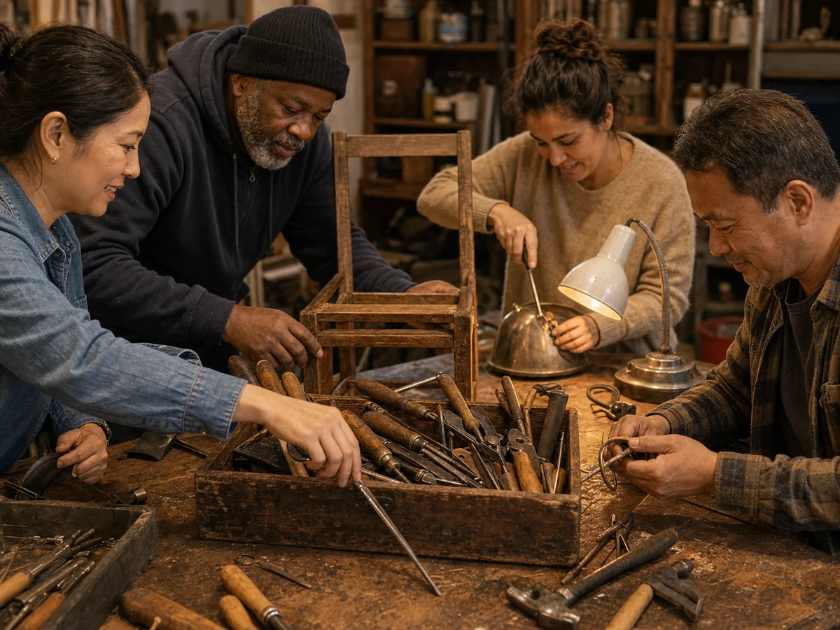 People sharing tools during a repair session.