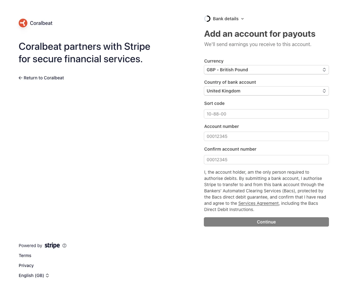 Payment account onboarding screen for adding payout details