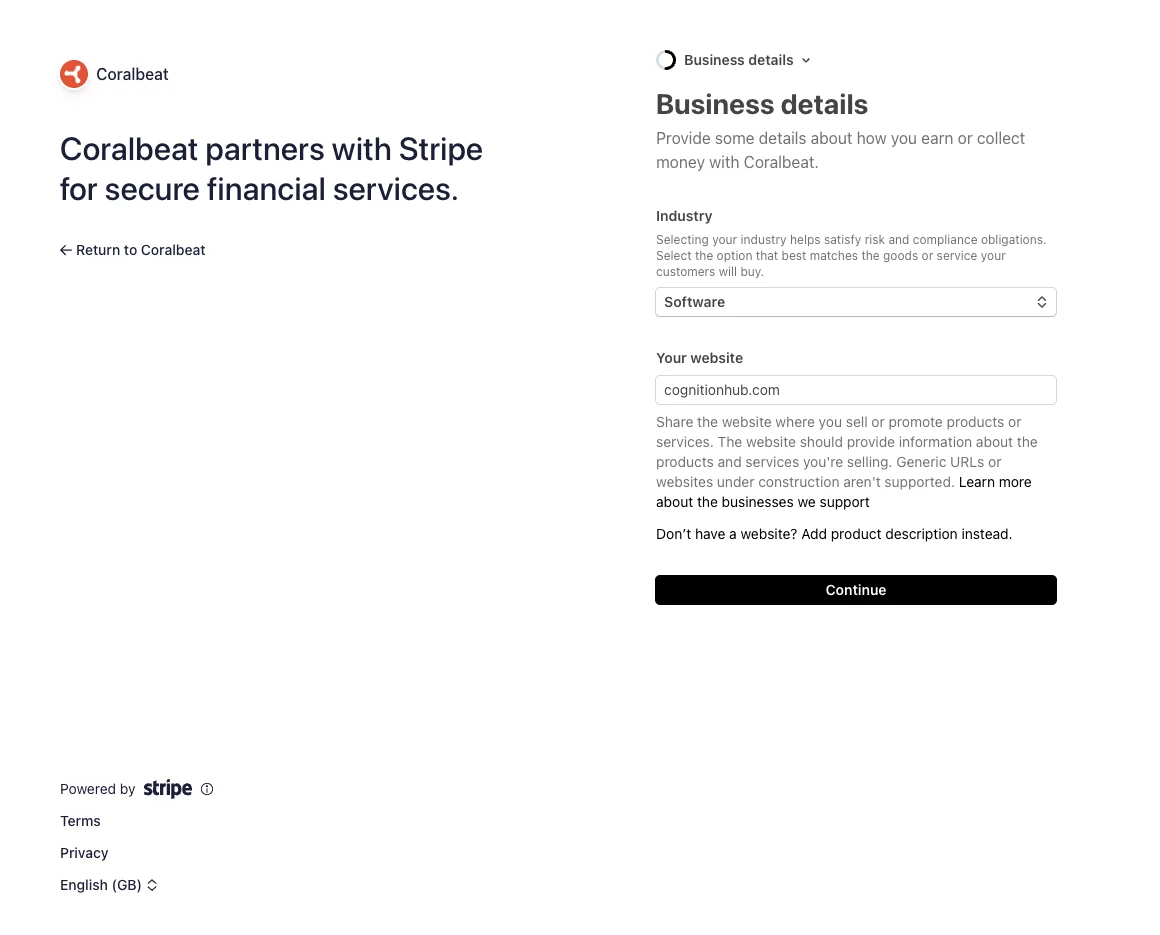 Payment account onboarding screen for adding business details
