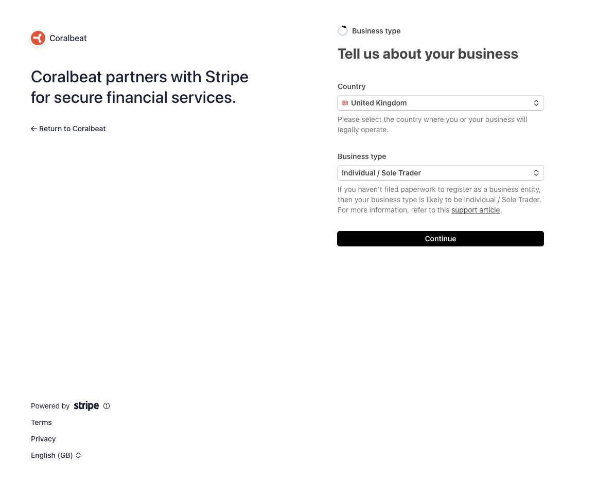 Payment account onboarding screen for choosing a business type