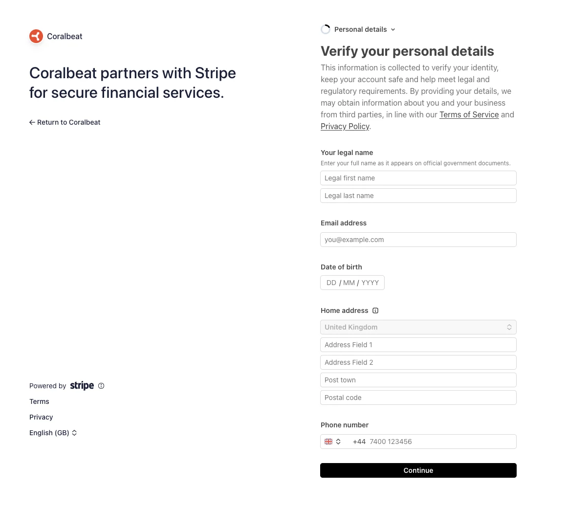 Payment account onboarding screen for adding personal details