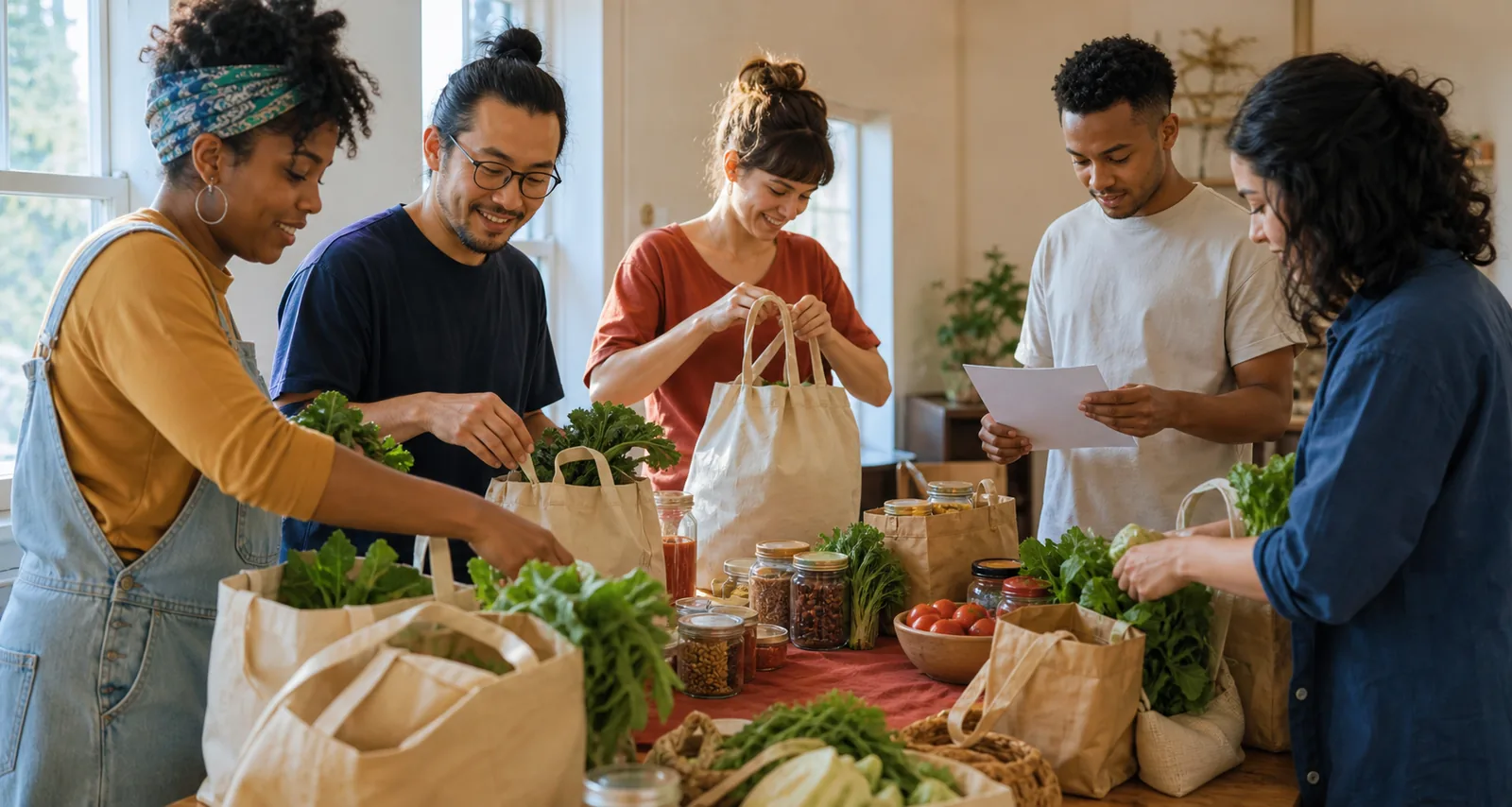 People preparing food bags and resources for a community gathering