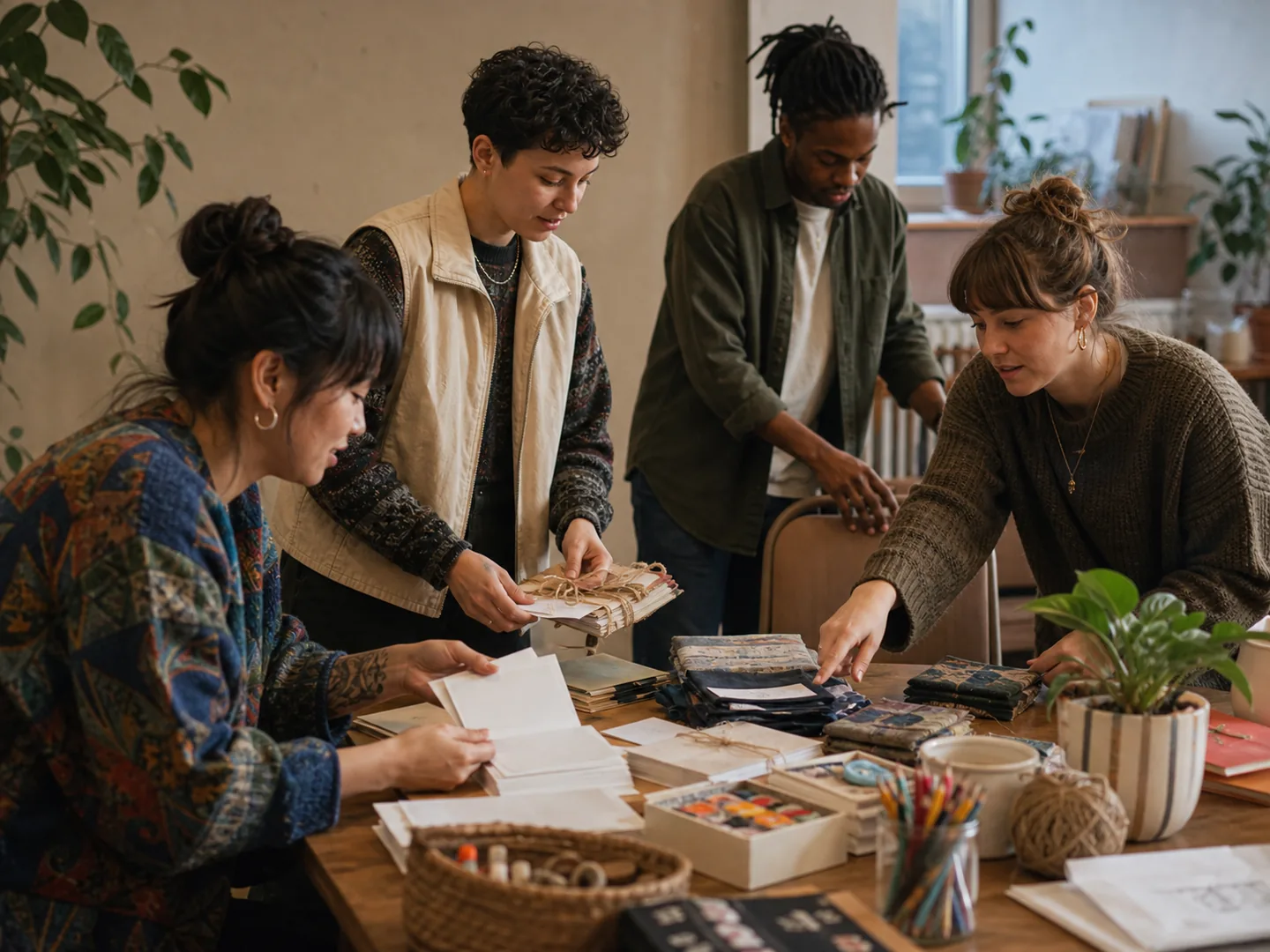 People preparing shared materials for a community event