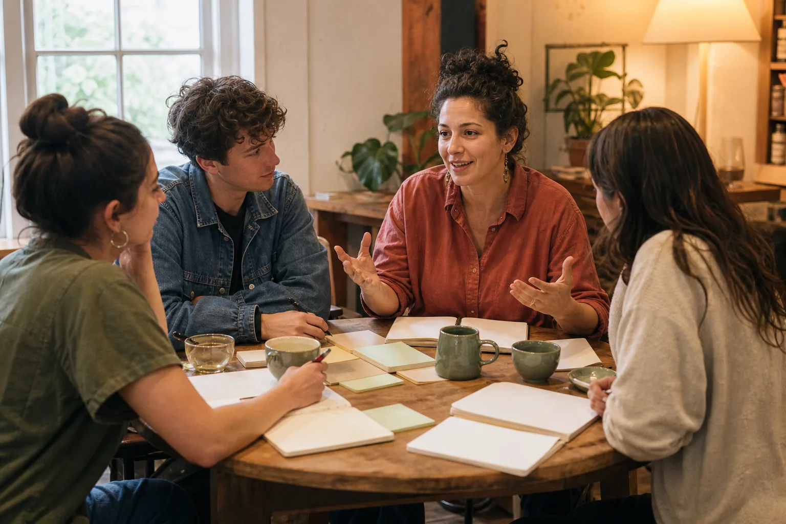 A small founder circle talking around a warm table