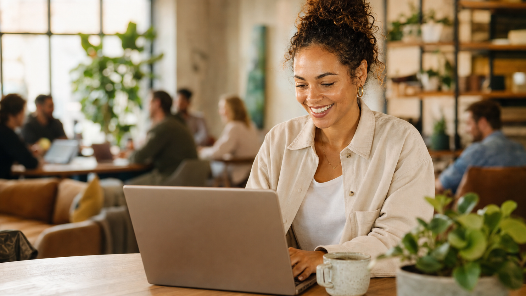 A community leader smiling while working on a laptop