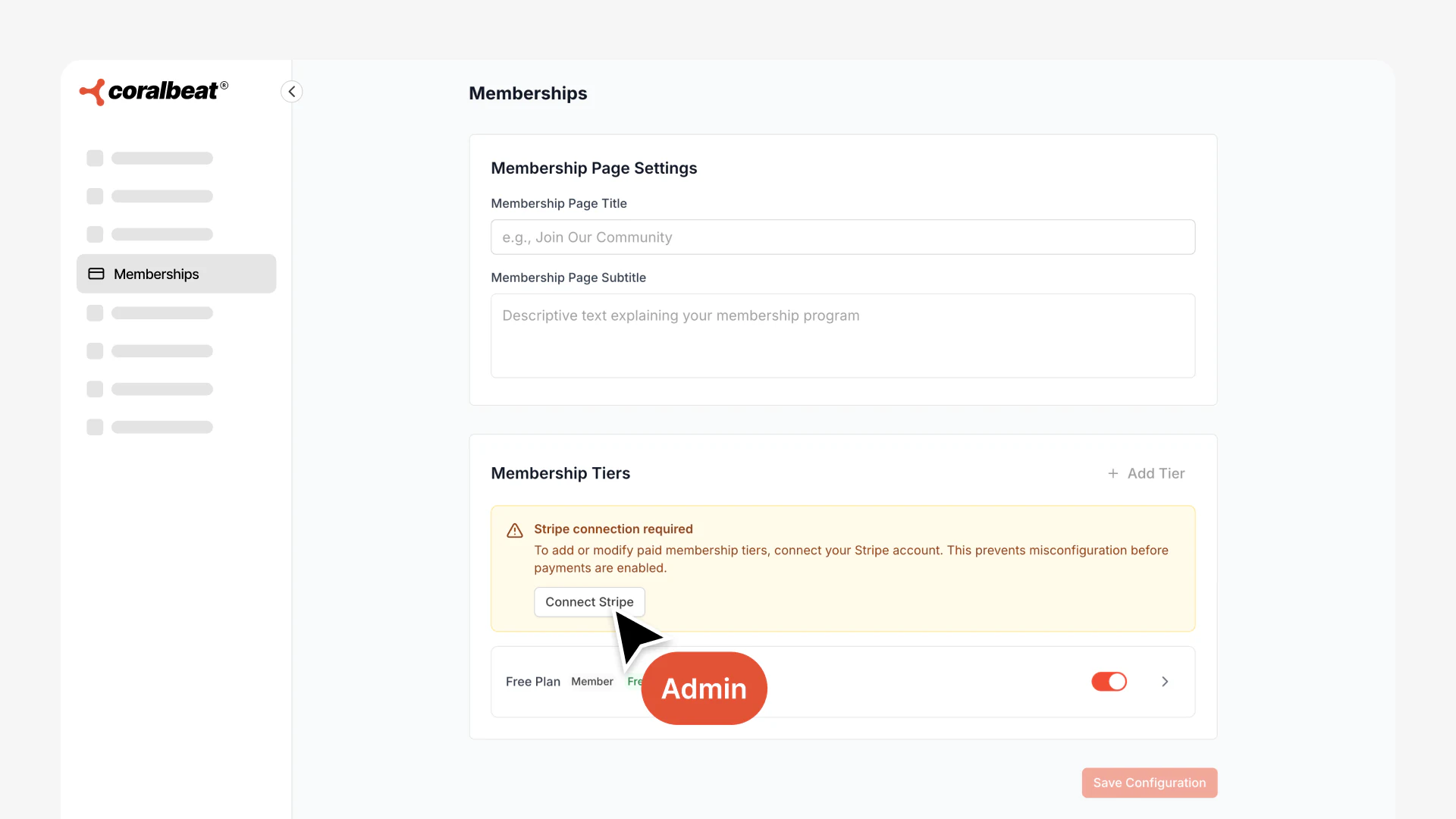 The Memberships settings page in Coralbeat showing the Connect Stripe button
