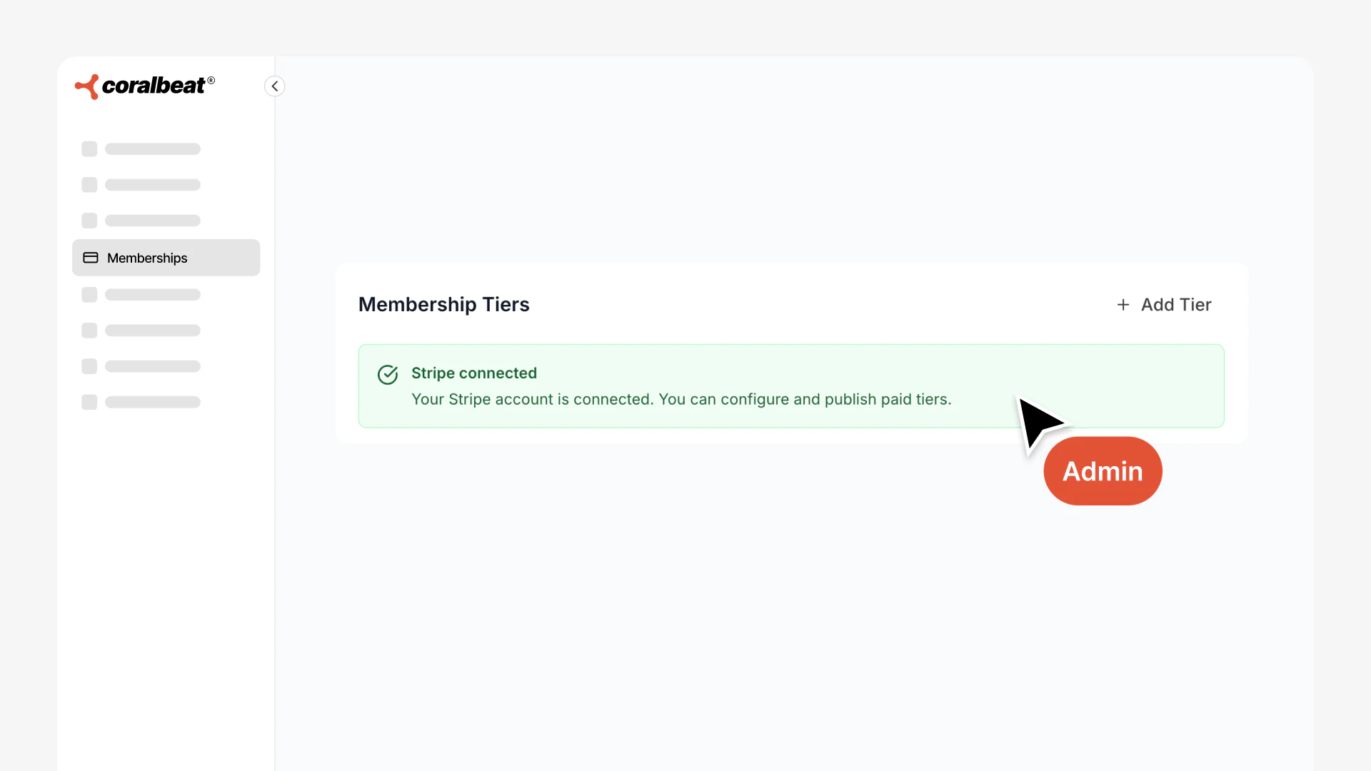 The Memberships settings page showing Stripe connected in Coralbeat